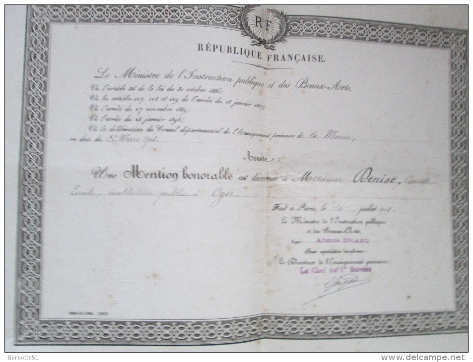 Diplome De L'"instruction Civique Et Des Beaux Arts Année 1906 - Diplômes & Bulletins Scolaires