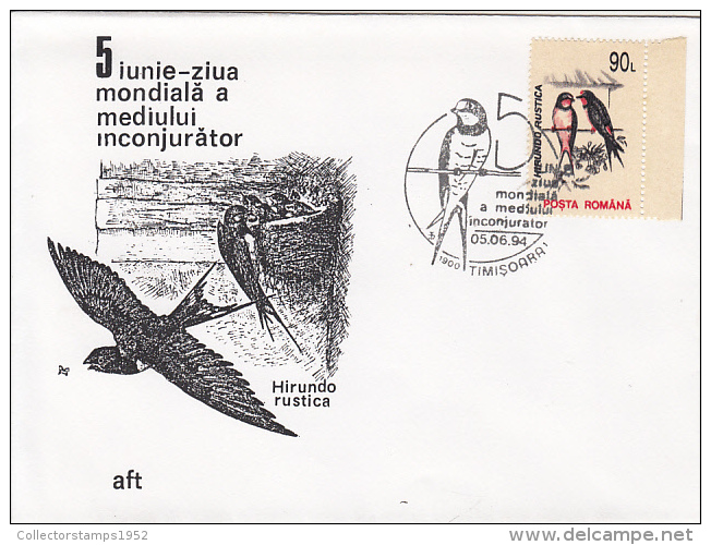 29107- BARN SWALLOW, BIRDS, SPECIAL COVER, 1994, ROMANIA - Hirondelles