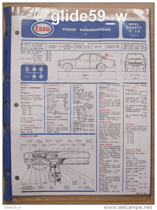 Fiche Descriptive - Plan De Graissage ESSO N° 101 - OPEL KADETT "C" LS - 1975 - Voitures