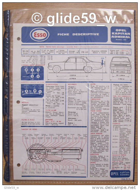 Fiche Descriptive - Plan De Graissage ESSO N° 11 - OPEL KAPITAN ADMIRAL - Modèles 1966 - Voitures