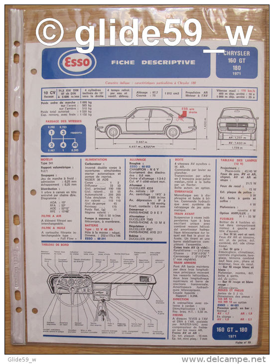 Fiche Descriptive - Plan De Graissage ESSO N° 53 - CHRYSLER 160 GT - 180 - 1971 - Voitures