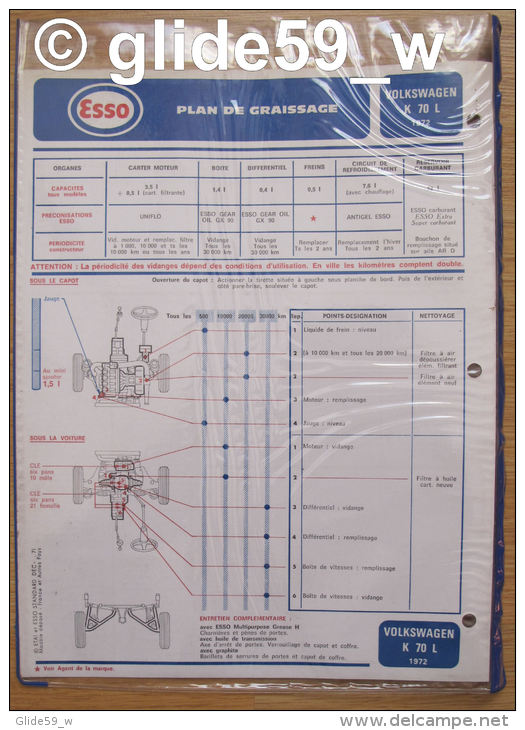 Fiche Descriptive - Plan De Graissage ESSO N° 63 - VOLKSWAGEN K 70 L - 1972 - Voitures