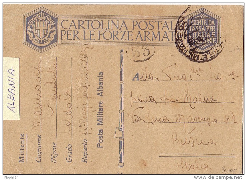 GUERRE 39-45 - ITALIE - ALBANIA - POSTA MILITARE 95 - DU 20/04/39 Au 09/01/40 - RARE CARTE FM. - Andere & Zonder Classificatie