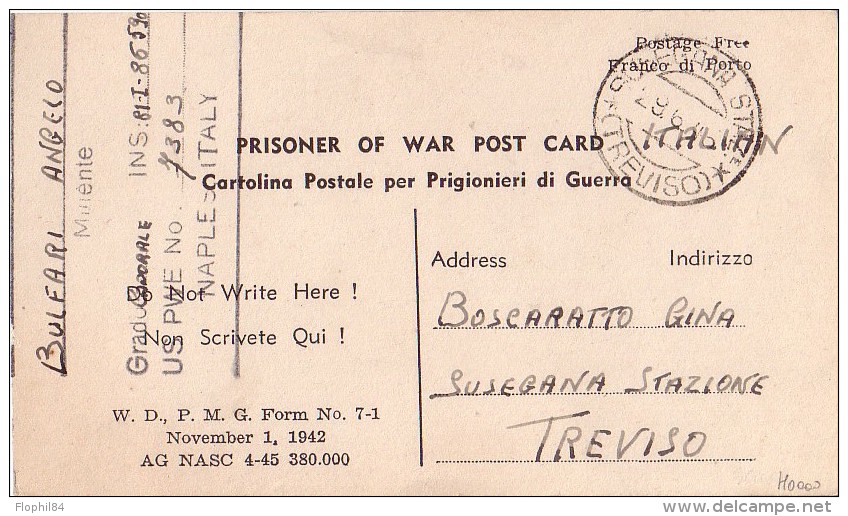 GUERRE 39-45 - CAMP DE PRISONNIER DE GUERRE - CARTE FM - US PWE  N°7383 - NAPLES ITALY. - Other & Unclassified