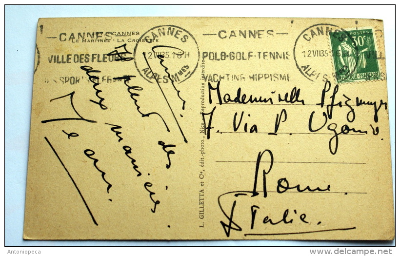 FRANCIA 1935 , 30 C  SU CARTOLINA ILLUSTRATA CANNES  VIAGGIATA - Storia Postale