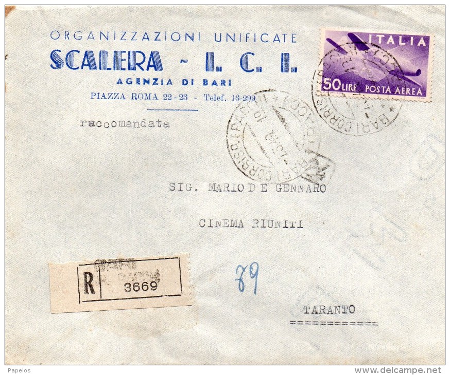1949 LETTERA RACCOMANDATA VIA AEREA  INTESTATA SCALERA  CON ANNULLO BARI - Airmail