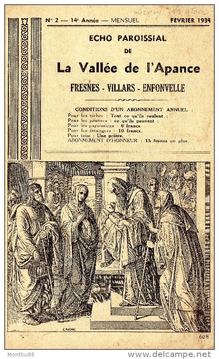 LOT DE 3 BULLETINS PAROISSIAUX / LA VALLEE DE L´APANCE / FRESNES -VILLARS - ENFONVELLE 1934 1935 Et 1937 - Sonstige & Ohne Zuordnung