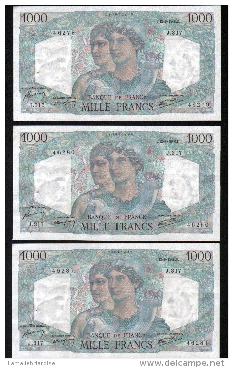 1000 FRANCS MINERVE ET HERCULE, 12-9-1946, SERIE J317, QUATRE NUMEROS CONCECUTIFS, FOUR FOLLOWING NUMBERS - 1 000 F 1945-1950 ''Minerve Et Hercule''