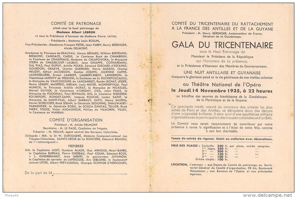 Programme  "Nuit Antillaise Et Guyanaise" à L'Opéra En 1935 - Gala Du Tricentenaire - Président De La République - Programmes