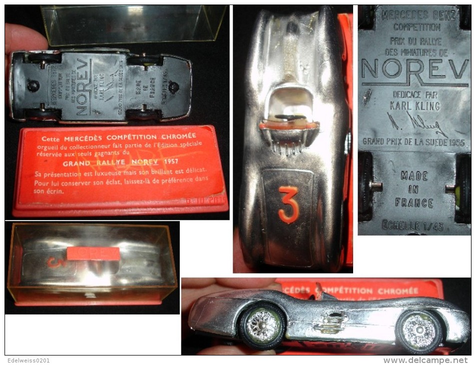Trouv.*VOITURE NOREV + BOÎTE*MERCEDES BENZ COMPÉTITION CHROMEE 1/43*SUEDE 1955*DEDICACEE PAR KARL KLING - Toy Memorabilia