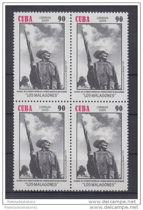 2009.10 CUBA 2009 MNH. 50 ANIV DEL PRIMER GRUPO DE MILICIANOS "LOS MALAGONES". BLOQUE DE 4. MILITIA ARMY. - Unused Stamps