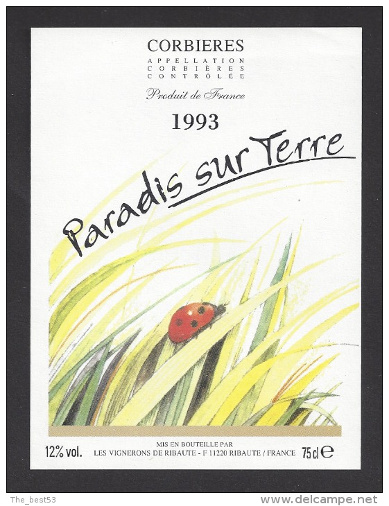 Etiquette De Vin Corbières 1993  -  Paradis Sur Terre - Thème Insecte Coccinelle  -  Les Vignerons De Ribaute (11) - Marienkäfer