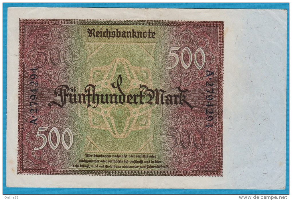 DEUTSCHES REICH 500 MARK 27.03.1922  # A.2794294  P# 73  J. Mayer - 500 Mark