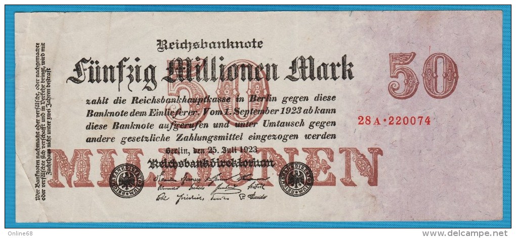 DEUTSCHES REICH 50 MILLIONEN  MARK 25.07.1923  SERIE 28A.220074  P# 98  6 Digit Serial # - 50 Mio. Mark