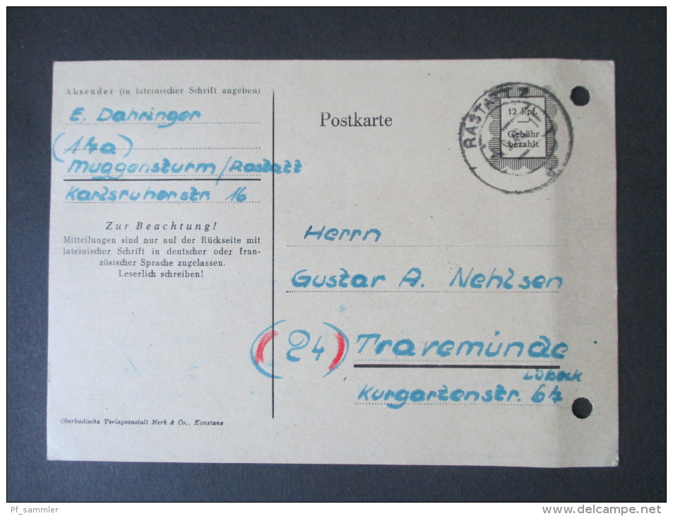 All. Besetz. Franz. Zone Ganzsache / Behelfsausgaben P 836 Gebühr Bezahlt. Stempel: Rastatt 2 Aus Dem Bedarf! - Other & Unclassified