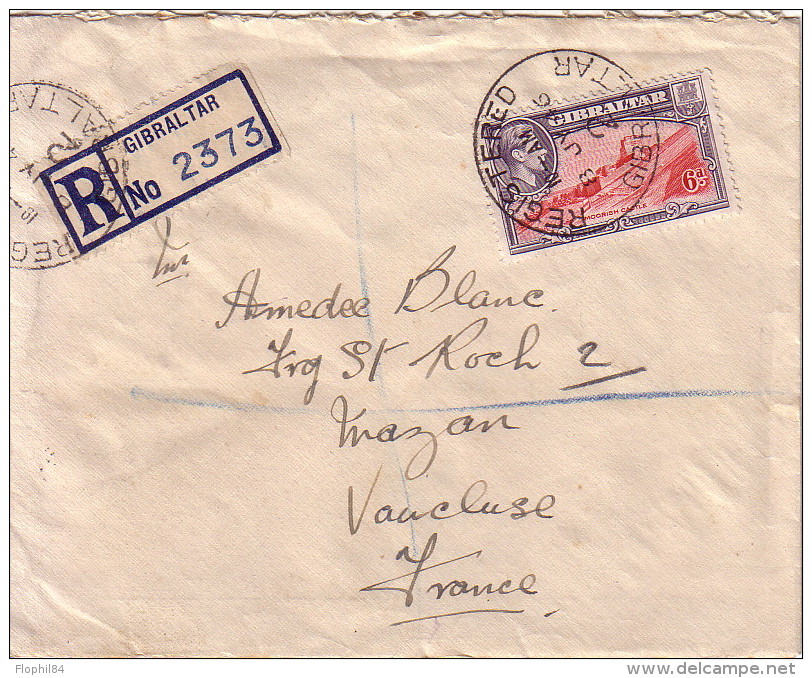 GIBRALTAR - LETTRE RECOMMANDEE DU 8 JUIN 1946 POUR MAZAN VAUCLUSE. - Gibraltar