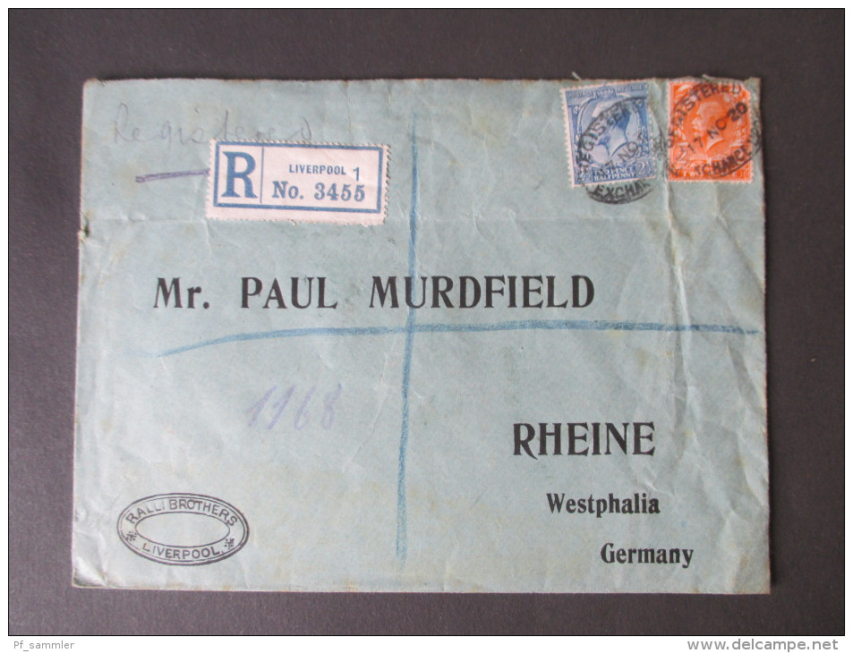 GB Registered Letter 1920 MiF. Liverpool 1 No. 3455 Ralli Brothers. Sealed / Mit Siegel. Nach Rheine - Lettres & Documents