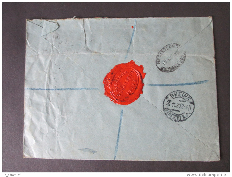 GB Registered Letter 1920 MiF. Liverpool 1 No. 3455 Ralli Brothers. Sealed / Mit Siegel. Nach Rheine - Covers & Documents