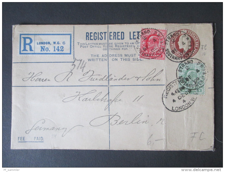 GB 1909 Registered Letter London W.C. 6 No. 142. Nach Berlin. MiF. - Cartas & Documentos