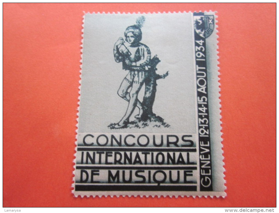 SUISSE GENEVE 12-13-14-15- AOUT 1934 VIGNETTE CONCOURS INTERNATIONAL DE MUSIQUE JOUEUR DE HARPE  HELVETIA ERINNOPHILIE - Nuovi