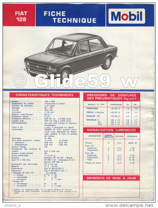 Fiche Technique Automobile - Entretien - Graissage "Mobil" - FIAT 128 - Voitures