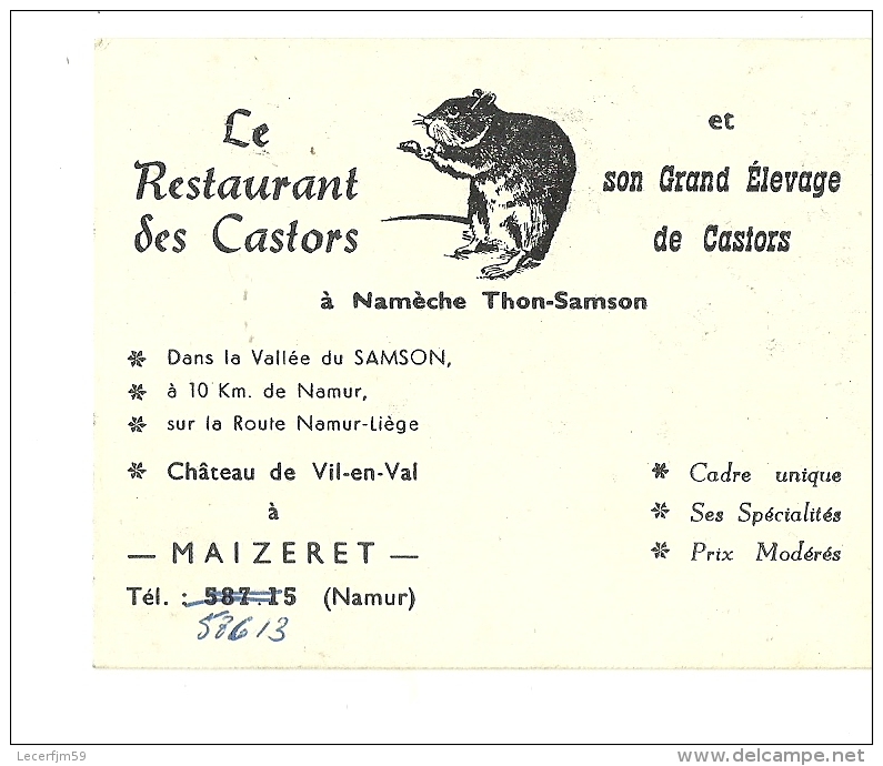 ANDENNE MAIZERET PETITE CARTE PUBLICITAIRE DU RESTAURAND DES CASTORS  DANS LA VALLEE DU SAMSON A 10 KM DE NAMUR - Andenne