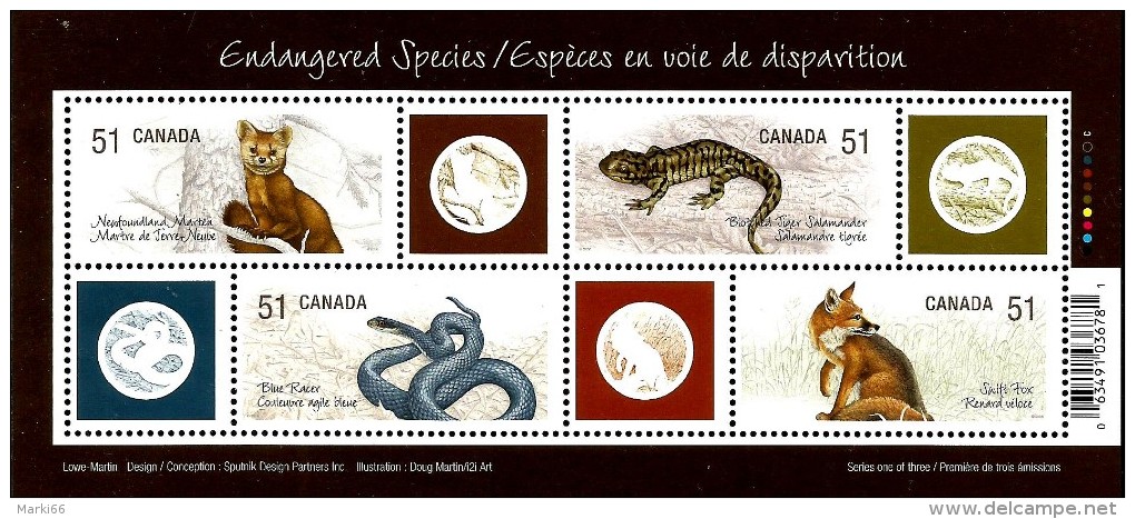 Canada - 2006 - Endangered Species - Marten, Salamander, Racer Snake, Fox - Mint Souvenir Sheet - Neufs