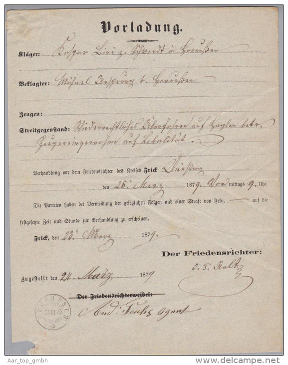 Heimat AG Frick 1879-03-23 Gerichtsakte 45Rp. Sitzende Zu42+30 - Brieven En Documenten