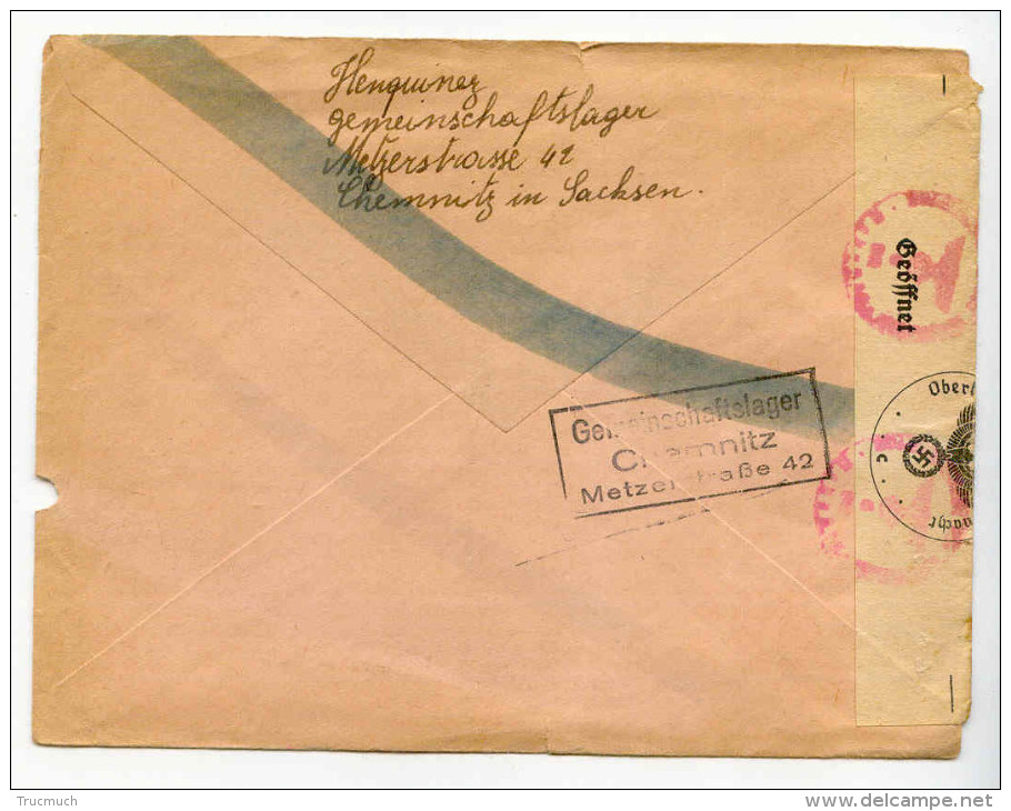 Enveloppe - Gemeinschaftslager CHEMNITZ Vers  Belgique - 1943 - Bande De Censure - Militaria