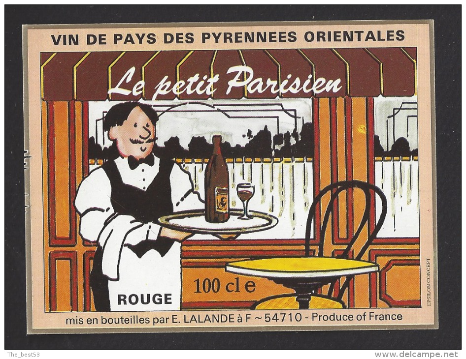 Etiquette De Vin De Pays Des Pyrénnées Orientale -  Le Petit Parisien - Thème Métier  Garçon De Café - Lalande à 54710 - Berufe