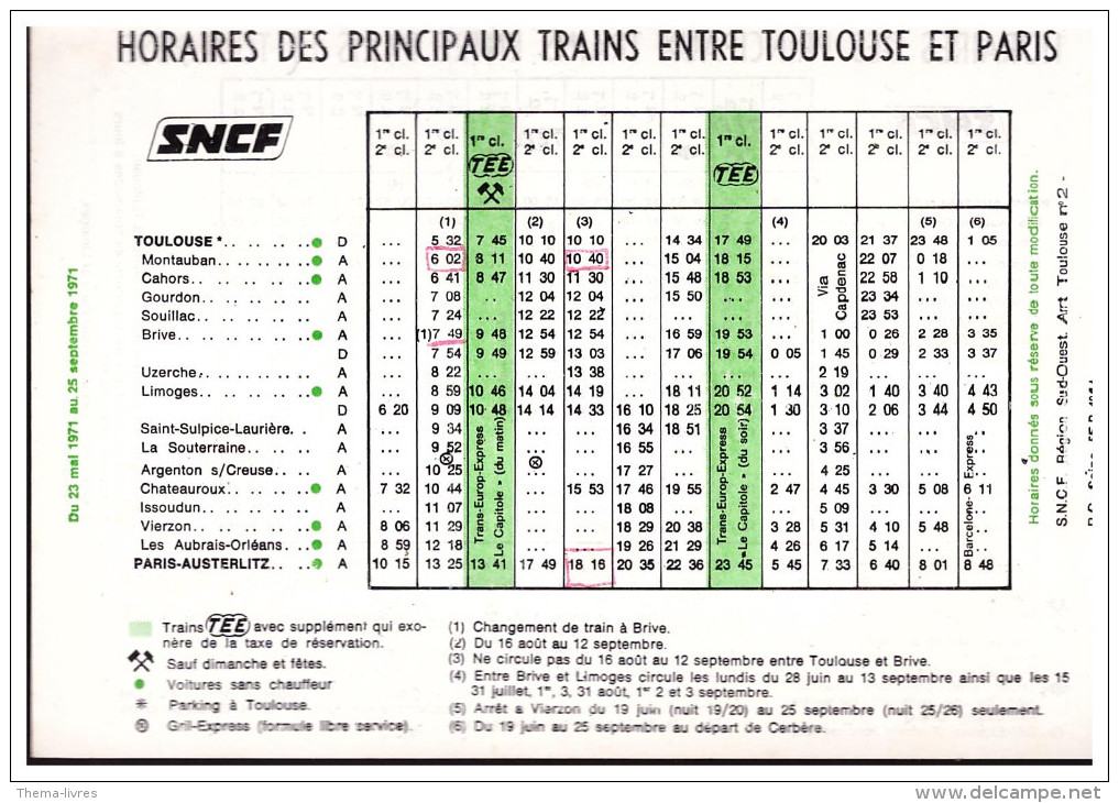 Horaire 1971 Des Principaux Trains Paris-toulouse Et Toulouse-paris (PPP0685) - Europe