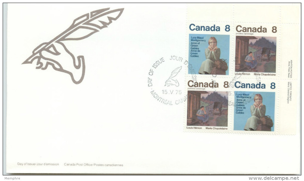 1975  Canadian Authors: Mary Maud Montgomery, Louis Hémon  Sc 658-9  Plate Block Of 4 - 1971-1980