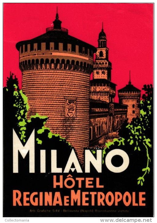 4 HOTEL LABELS ITALY ITALIE  MILANO MILAN MAILAND HOTEL FLORIDA HOTEL REGINA CONTINENTAL TOURING - Hotel Labels