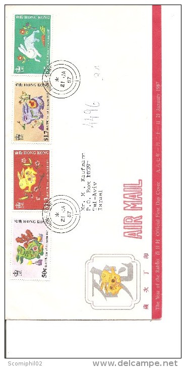 Hong-Kong -Année Du Lapin ( FDC De 1987 Voyagé Vers Israel à Voir) - FDC