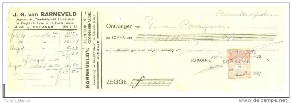 NEDERLAND * FACTUUR Uit 1942 Van ALKMAAR Naar SCHAGEN + FISCAL  BELASTING ZEGEL 10 CENT (9971m) - Fiscali