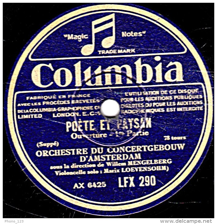 78 Trs - 30 Cm - état EX -  ORCHESTRE DU CONCERTGEROUW D'AMSTERDAM - POÈTE ET PAYSAN  OUVERTURE 1re Et 2e Parties - 78 T - Disques Pour Gramophone