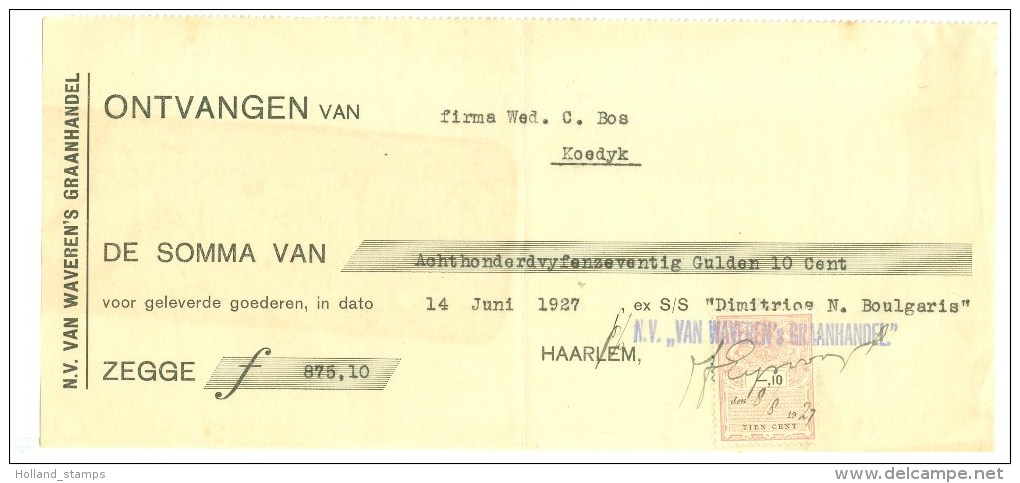 NEDERLAND * FACTUUR Uit 1927 Van HAARLEM Aan BOS TE KOEDIJK + FISCAL  BELASTING ZEGEL 10 CENT (9971n) - Fiscaux