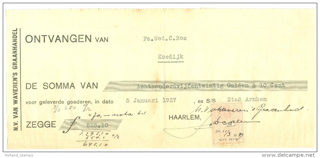 NEDERLAND * FACTUUR Uit 1927 Van HAARLEM Aan BOS TE KOEDIJK + FISCAL  BELASTING ZEGEL 10 CENT (9971p) - Fiscaux