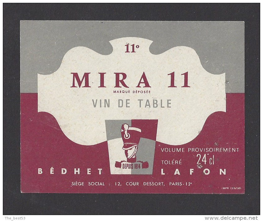 Etiquette De Vin De Table  -  Mira 11 -  Thème Militaire  -  Bédhet Lafon à Paris - Alte Uniformen