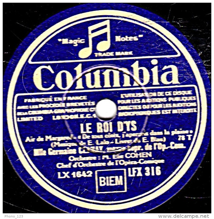 78 Trs - 30 Cm - état EX - G. CERNAY - LE ROI D'YS "De Tous Côtés, J'aperçois Dans La Plaine" - MARINE - 78 T - Disques Pour Gramophone