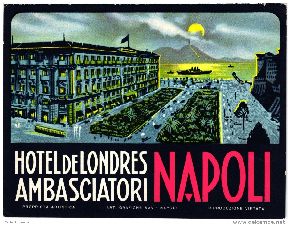 2 RARE HOTEL Etiquettas Latiquetta  ITALIA NAPOLI Grand HOTEL De LONDRES  AMBASCIATORI Ed. Richter Night And Day-sight - Hotel Labels