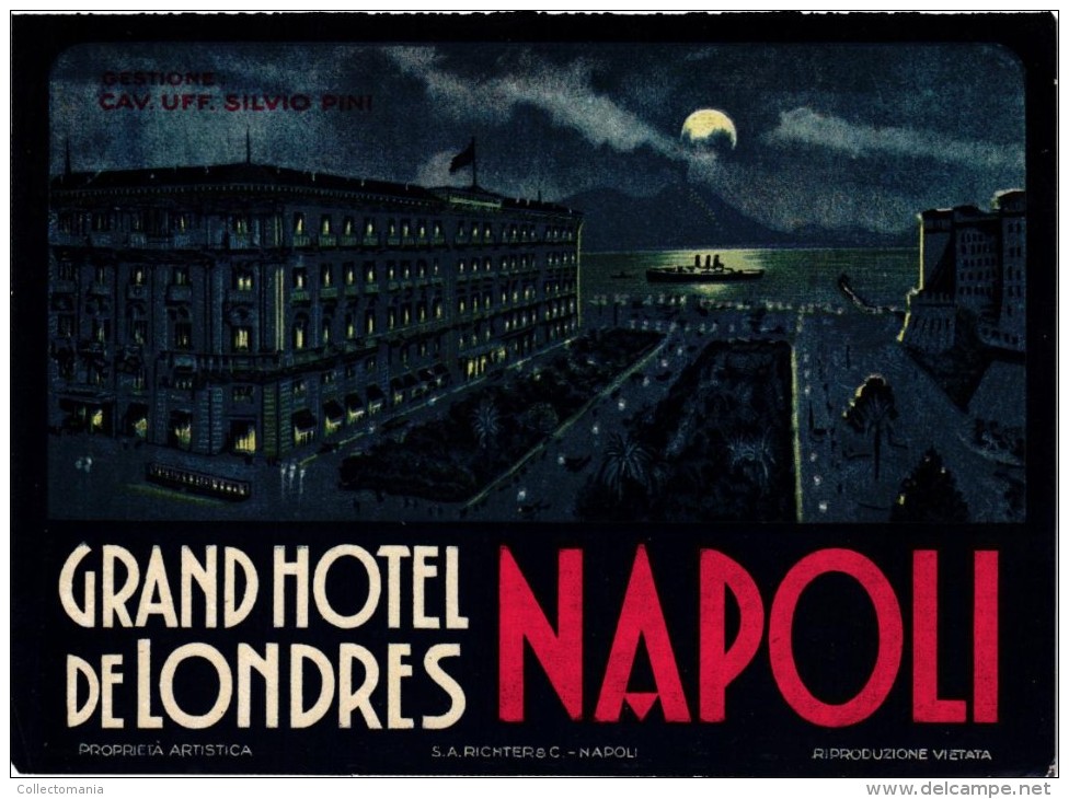 2 RARE HOTEL Etiquettas Latiquetta  ITALIA NAPOLI Grand HOTEL De LONDRES  AMBASCIATORI Ed. Richter Night And Day-sight - Hotel Labels