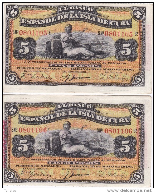 PAREJA CORRELATIVA DEL BANCO ESPAÑOL EN CUBA DE 5 PESOS DEL AÑO 1896 EN CALIDAD EBC (XF)(BANKNOTE) - Other & Unclassified