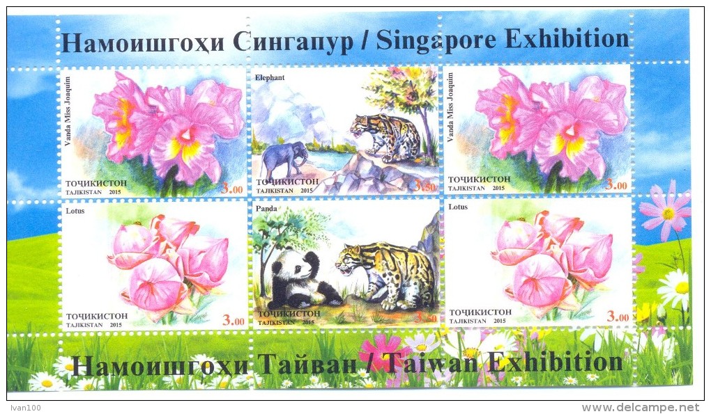 2015. Tajikistan, Animals & Flowers, Singapore & Taiwan Exchibitions, S/s Perforated, Mint/** - Tadschikistan