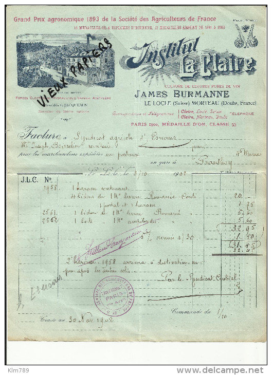 Suisse - Facture Le Locle - Institut La Claire - James Burmanne - Morteau - Doubs - Belle Vignette- 1902 - - Suisse