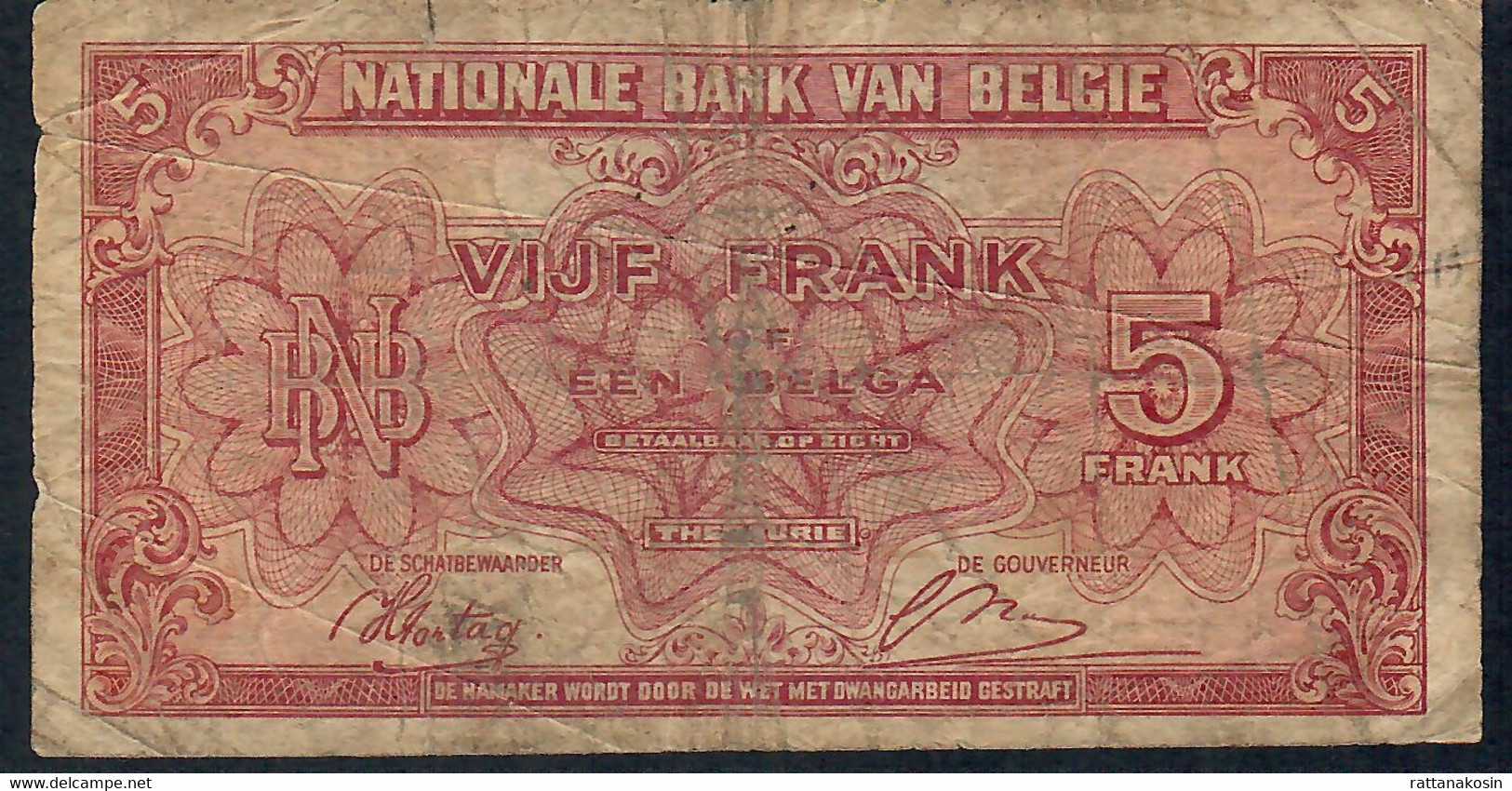 BELGIUM  P51  5  FRANCS   1943  #A2       FINE - 5 Franchi