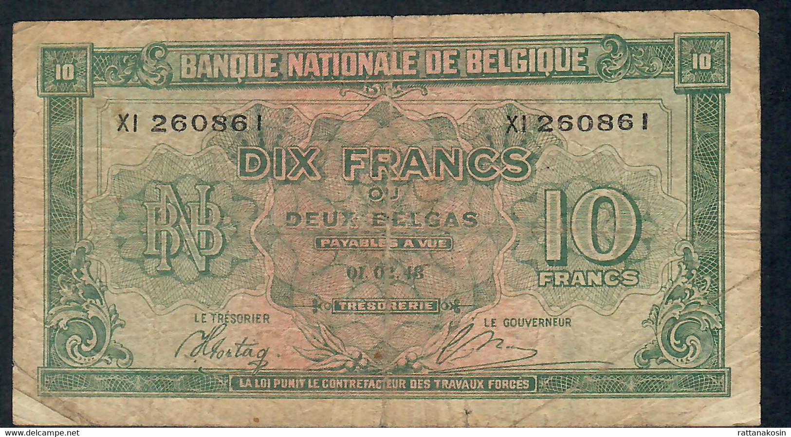 BELGIUM  P52  10  FRANCS   1943    FINE - 10 Francs-2 Belgas