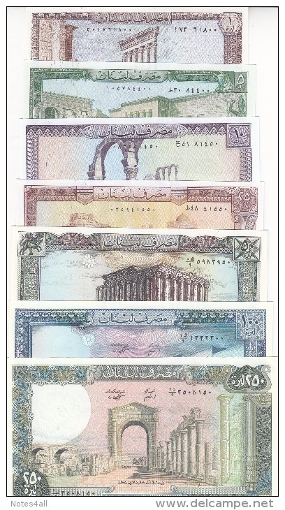 LEBANON 1 5 10 25 50 100 250 LIRA 1980 1988 P-61 62 63 64 65 66 67 UNC SET LOT - Libano