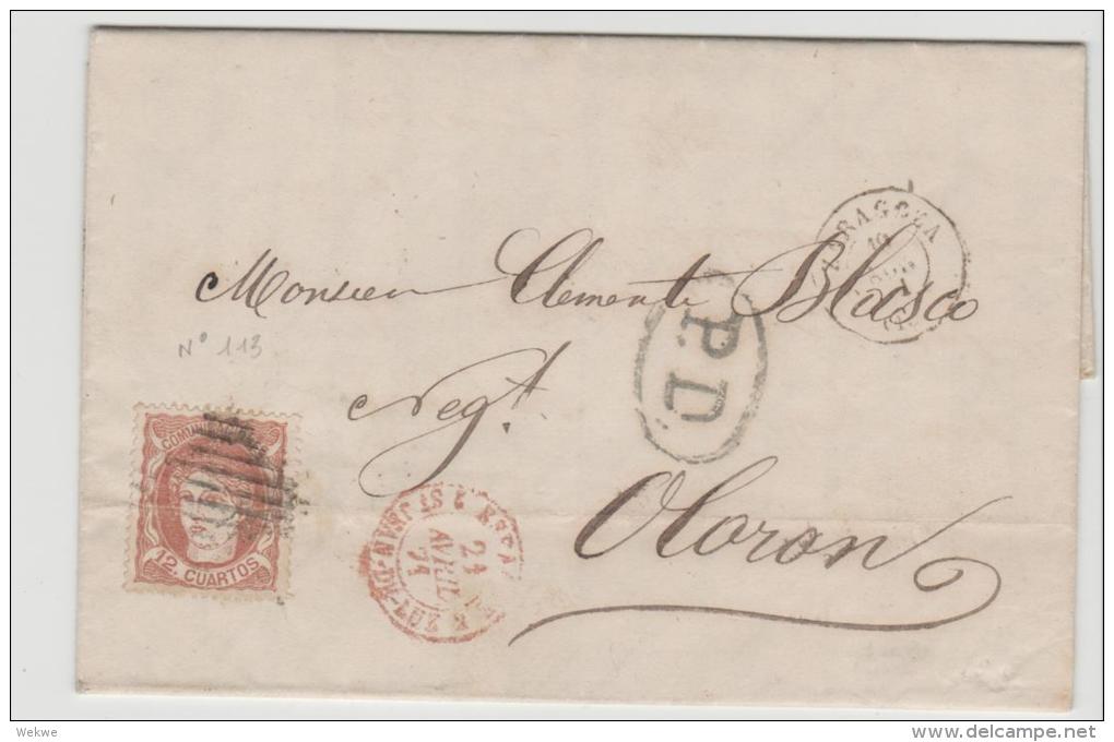SPK011 /  SPANIEN - Zaragoza - Frankreich 1871 Mit 12 Cuartos Hispania - Briefe U. Dokumente