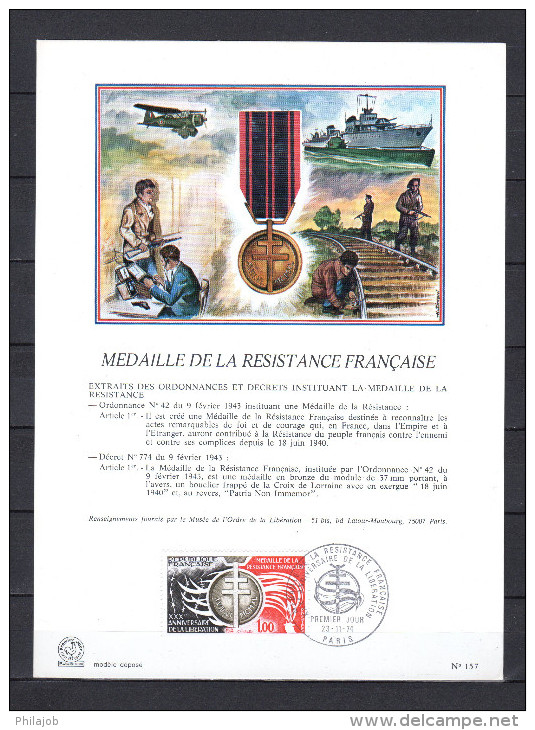 FRANCE 1974 : Encart 1er Jour " DE GAULLE / 30 ANS DE LA LIBERATION / MEDAILLE DE LA RESISTANCE " N° YT 1821. - De Gaulle (General)